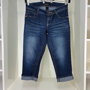 Southpole Womens Dark Wash Embellished Studded Denim Capri Jeans Blue Size 7
